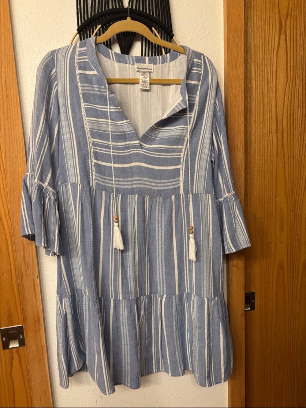 Tommy Bahama Blue and White Striped Tassel Tiered Midi Dress
